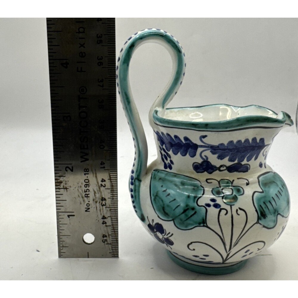 Hand-painted Italian Pitcher Small Blue Teal green Cat animal Flowers 5” Tall - Picture 2 of 7